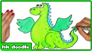 How To Draw A DRAGON - Easy Step by Step Cute Animal Drawing Tutorial for Kids by HooplaKidz Doodle