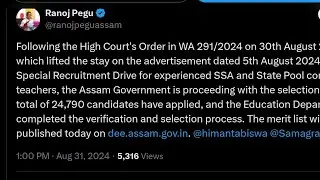 #Dr.RanaujPegutweetonX #AssamSSA/StatePoolteacherPermanentjob #merit list for special drive teacher