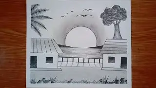 Sunset landscape drawing with pencil, Pencil sketch drawing for beginners