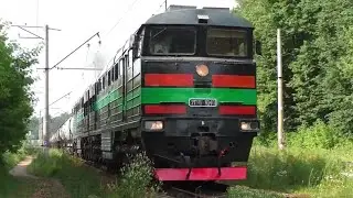 Чёрный 2ТЭ116-1040 "БалтТрансСервис" с наливным поездом у платформы Турист