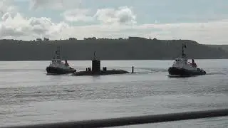Royal Navy Submarine HMS Triumph S93 Passing Plymouth Sound May 2023 with tug escort for Devonport