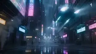 Cinematic slow motion shot  of a futuristic  cyber punk  city at night,