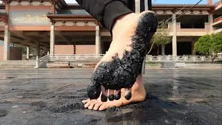 barefoot step on sticky glue