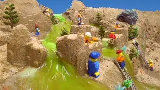 Toxic Waste Flows Wash Away LEGO Minifigure's Sand Castle After Dam Collapse - LEGO Dam Breach