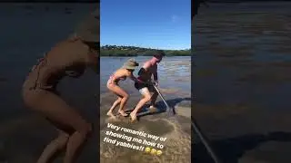 Chris Hemsworth and Elsa Pataky riding each others while finding yabbies
