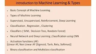 Machine Learning and Types, Activation functions,Neural Network, Deep Learning,SVM, RF,