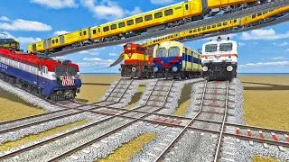 4 TRAINS AT DANGEROUS RAILROAD CROSS BY BUMPY TRACKS | Train Game | Train simulator