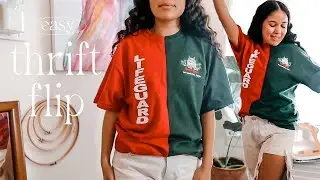 DIY how to make a trendy split t-shirt tutorial with 2 different shirts | upcycle thrift flip