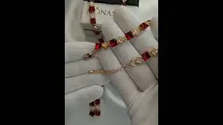 Браслет, колье и серьги Соблазн с красными квадратными камнями