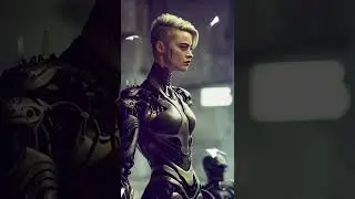 Cyborg woman in combat armor. Drawing by AI Midjourney.