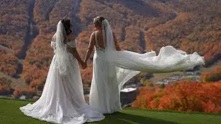 Fall Foliage Wedding with Snowcapped Mountains at the Lodge at Spruce Peak