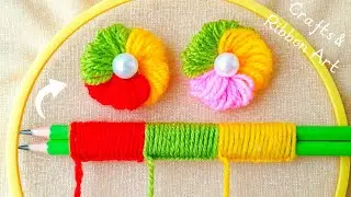 It's so Cute 💖🌟 Super Easy Woolen Flower Making Trick with Pencil - DIY Amazing Woolen Flower Design