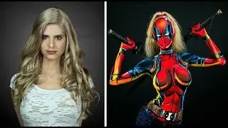 Body Painting Mujer se pinta disfraces de Super Heroes sobre el cuerpo