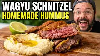 Cooking Crumbed Wagyu Schnitzel with Homemade Hummus