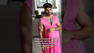 Pregnant handsome muscular young man with big and round belly wearing maternity clothes 