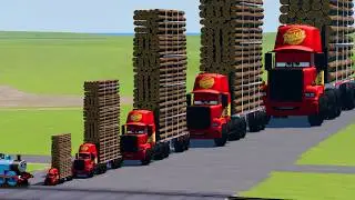 Big & Small Mack Truck with High Trailer with Logs vs Train Thomas | BeamNG.Drive