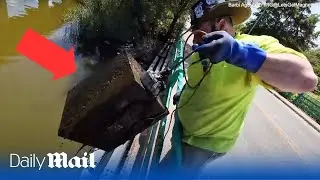 Moment couple finds $100,000 in safe while 'magnet fishing' in Corona Park in Queens