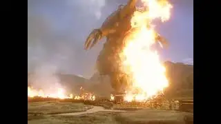 Beetle Kaiju Stomps a flaming house! (Loop)