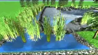 Плавательный пруд в лесу с водопадом на острове в 3D