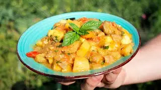 Vegetable stew in a cauldron