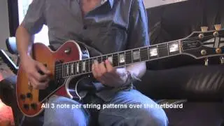 Learn all 3 note per string pattern over the guitar neck in C maj/A min in Paul Gilbert style