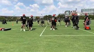 Bengals offensive line works on agility drills Thursday, including Amarius Mims