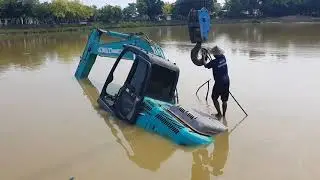 เครน45ตันจะยก รถขุด22ตัน ไหวหรือเปล่ามาชมกัน Kobelco sk200-8 จมน้ำ Excavator