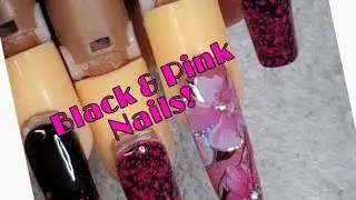 Black and pink acrylic nails
