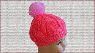 Crochet hat with leaves. Hat with pompom.