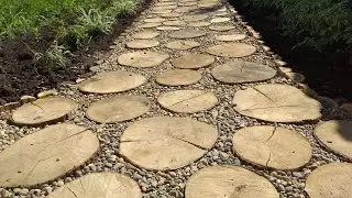 DIY Garden Path. Garden Path Made of Gravel and Sawn Wood. DIY Yard Landscaping.