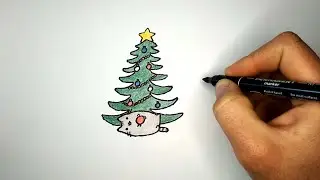 Как нарисовать Пушина с ёлкой | Pusheen with a Christmas tree drawing