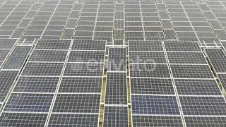 Aerial View Panorama of Solar Panels. Slow Movement of the Camera Over the Panels. Background | ...