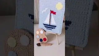 Вязаные крючком картина, мольберт, палитра, кисть, берет, бант #вязание