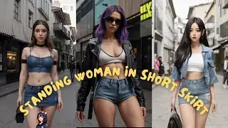 AI Look Book [4K]  #AI standing woman in short skirt, mini-skirt and jacket walking down a street