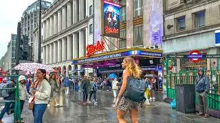 London Summer Shower - Leicester Square Station to King’s Cross Station Walking Tour · 4K HDR