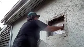 Plastering a hole in the wall, where an air conditioner was -  inside and outside
