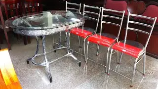 iron base & glass top dining table with 4 steel chairs simple designs 2024