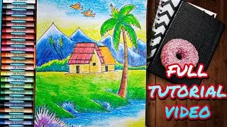 how to draw a village scenery of beautiful nature step by step | Best oil pastel drawing easy