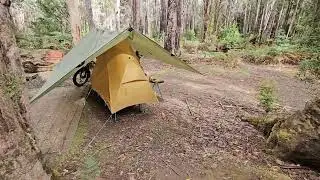 Ebike camping Helinox Cot with Natureshike Cannyon 1P tent Tern GSD R14