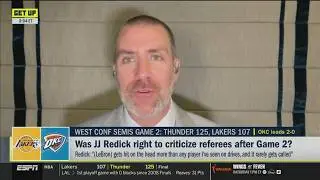 GET UP | Tim MacMahon reacts to JJ Redick rips NBA Ref after Lakers routed by Thunder in Game 2