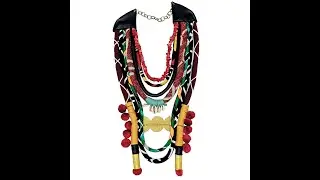 Women's Pom Pom African Statement Necklace | Cowrie Shell | Red Coral | Mud Cloth African Necklace |