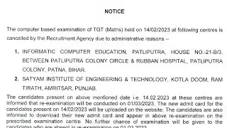 KVS Exam Cancelled - KVS TGT Math only 2 Centres of Patna on 14 Feb 2023 
