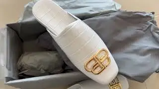 BALENCIAGA COSY WHITE CROCO BB MULES UNBOXING