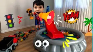 🔴 Toy cars, tractor, truck, fire department, police, excavator, race car enters the pool from the...