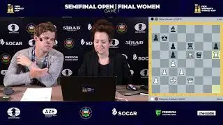 Magnus Carlsen in the studio showing his victory against Nijat Abasov