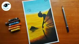 Girl In The Boat Sunset Scenery | Oil Pastel Drawing For Beginners - step by step