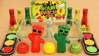 Sour Patch Kids Slime Red vs Green vs Yellow - Mixing Makeup Eyeshadow Into Slime ASMR