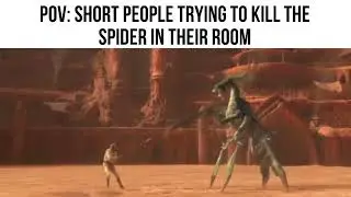 Short people trying to kill the spider in their room