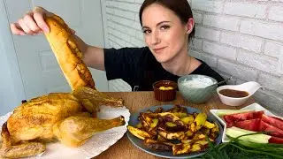 МУКБАНГ КУРИЦА НА СОЛИ В ДУХОВКЕ КАРТОФЕЛЬ ОВОЩИ СОУСЫ ЧЕСНОЧНЫЙ ХЛЕБ РЕЦЕПТ