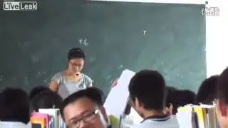 Female teacher handing out exam papers together with some punishment